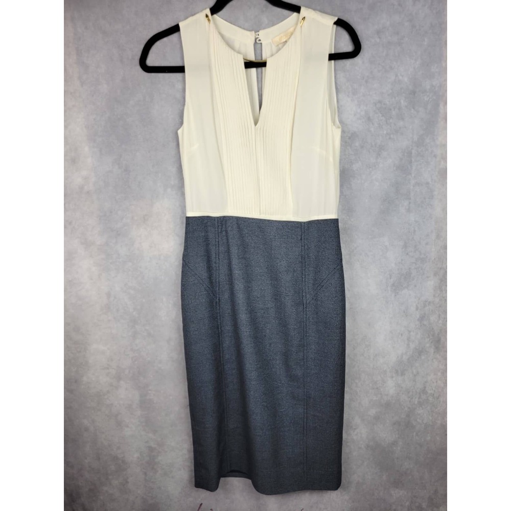 Etcetera Sleeveless Sheath Dress Ivory Pleated Top Gray Textured Skirt Size 0